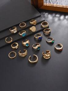 18pcs Vintage Punk Liquid Geometric Metal Inlaid Gemstone Rings, Fashion Adjustable Knuckle Ring Set, Men's Style - Yellow Gold - View 4