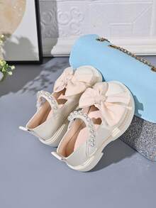 Girls' Pearl Bow Princess Shoes, Soft Sole, Versatile For Spring/Autumn, Birthday Party Dress Shoes - Beige - View 3