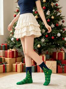 1 Pair Women's Mid-Calf Socks, Green Christmas Tree, Star And Colorful Ball Pattern, Elastic Ribbed Cuff, Festive Atmosphere, Party, Gift, Versatile, Casual Socks - Multicolor - View 2