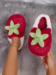 Don't Miss It! Price Rising Soon! Women Warm Non-Slip 3D Strawberry Pattern Closed-Toe House Slippers, Cute Winter Red Fur Plush Indoor Home Slides - Red - View 9
