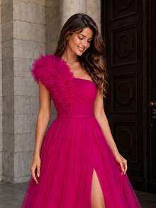 VIPGIRL Fuchsia Hostess Dress, Heavily Beaded, Ethereal, For Banquets, Galas, Runway, Elegant Spring Fall Wedding Party - Hot Pink - View 7