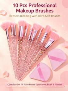 10pcs Professional Makeup Brush Set Pink Crystal Handle Foundation Brush Powder Brush Eyeshadow Brush Beginner Portable Full Set Makeup Tools - Multicolor - View 11