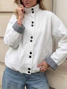 1pc Women's Gentle Solid Color Stand Collar Short Jacket, Plaid Cuff Design, Suitable For Commuting, Shopping, Dating, Short Trips - White - View 4