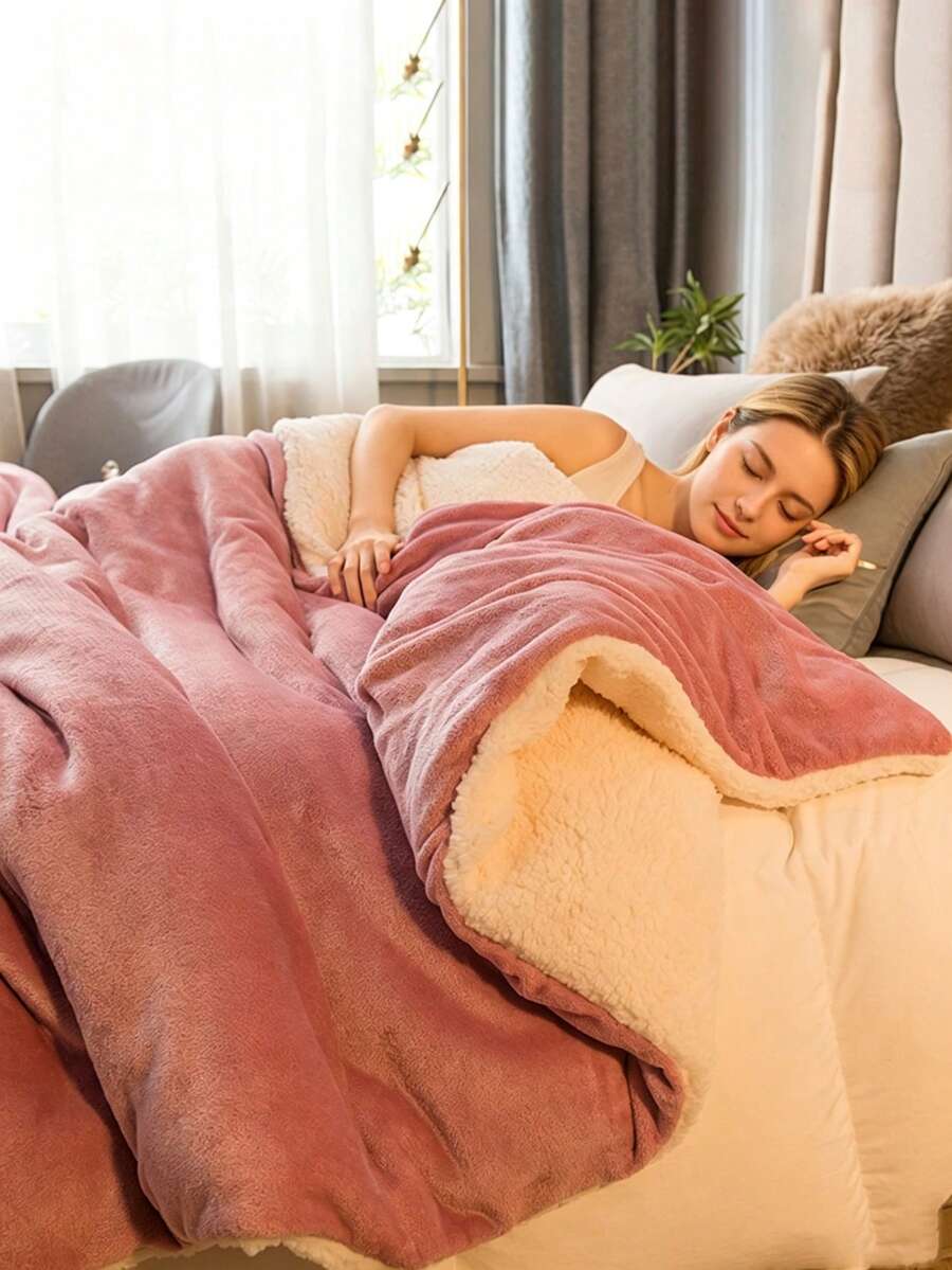 1pc Modern Style Bean Paste Color Milk Velvet Lamb Fleece Double Layer Blanket, Skin-Friendly Soft Comfortable Warm Throw Blanket, Machine Washable, All Season Use, Suitable For Bedroom Guest Room - Coral Pink - View 1