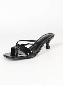 Glam Daily Black Glossy T‑Strap Thong Mule Heels, Square Toe Cross Strap Slip‑On Flared Mid‑Heel Slide Sandals For Evening Occasion - Black - View 9