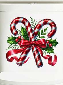 1pc Christmas Candy Cane And Holly Leaf Berry Red Bow Pattern PVC Material Home Wall Bathroom Toilet Decoration Sticker, Suitable For Christmas Holiday Atmosphere Decoration Of Walls, Cabinets, Refrigerators, Toilet Lids And Other Scenes - A - View 2