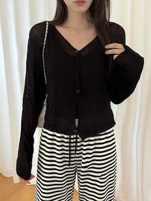 Women's Semi-Sheer V-Neck Cover Up, Long Sleeve Button Front Short Cover Up, Dropped Shoulder Design, Lightweight Cover-Up - Black - View 2