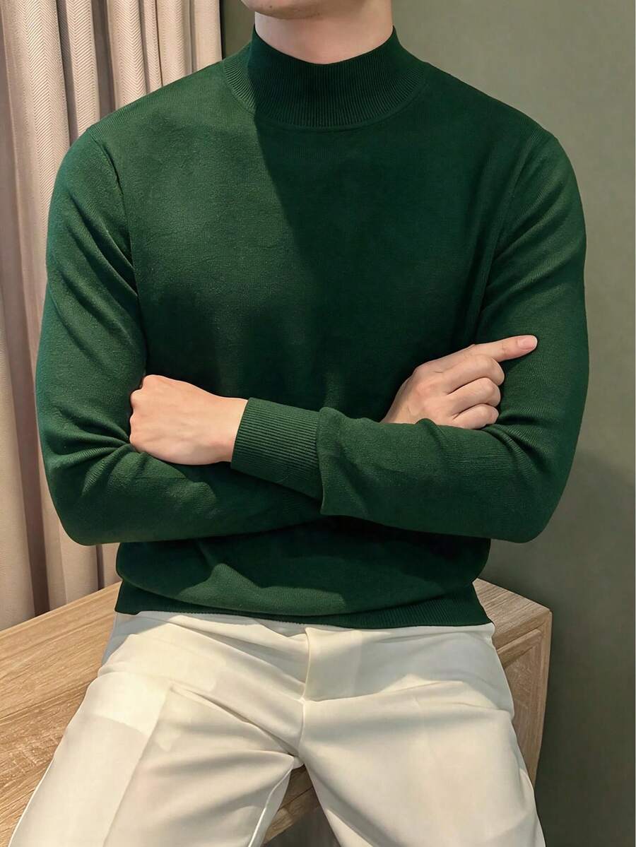 Men's Half-High Neck Pullover Knit Sweater, Spring/Autumn Casual Solid Color Durable Knitwear