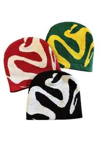 1pc Twisted Jacquard Knit Beanie Hat, Elastic Warm Unisex Pullover Cap, Street Style Daily Wear - Multicolor - View 6