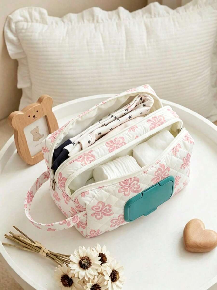 Multifunctional Double Layer Diaper Wipes Storage Bag With Built-In Compartment Portable Wrist Strap For Stroller Travel Home 1PC - Multicolor - View 1