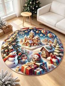 1pc Christmas Scene Snowy Christmas Tree Holiday Pattern Decorative Rug, Suitable For Decorative Rug, Bedroom Decor, Small Rug, Carpet, Home Decor, Living Room Rug, Living Room Small Rug, Bedroom Rug, Living Room Home Decor, Outdoor Rug, Washable Rug - Multicolor - View 3