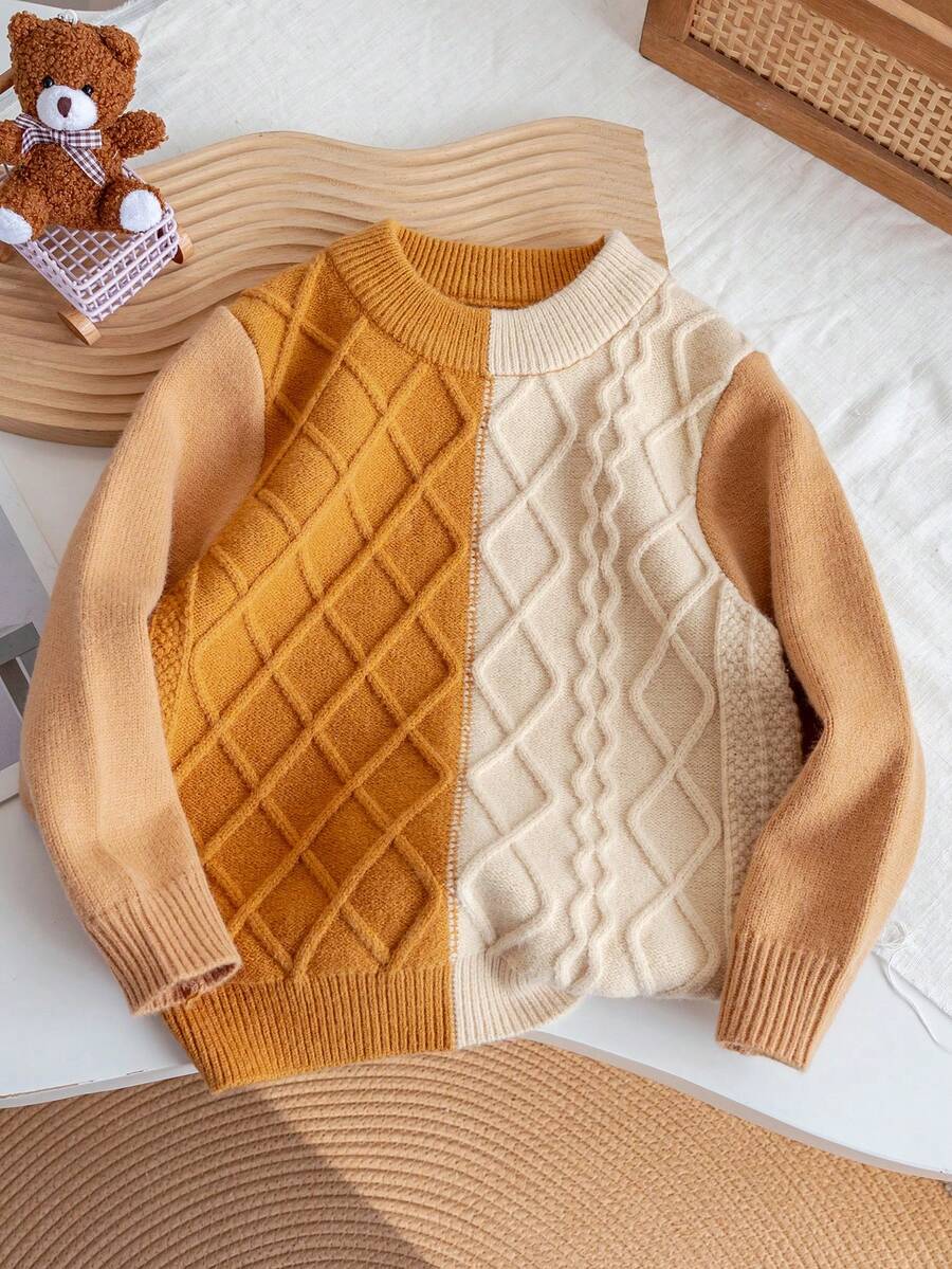 Sweater Pullover Tebal Motif Kotak-kotak Blok Warna Gaya Kampus untuk Anak Laki-laki, Cocok untuk Sekolah Musim Semi, Gugur, dan Dingin - Aprikot - View 1