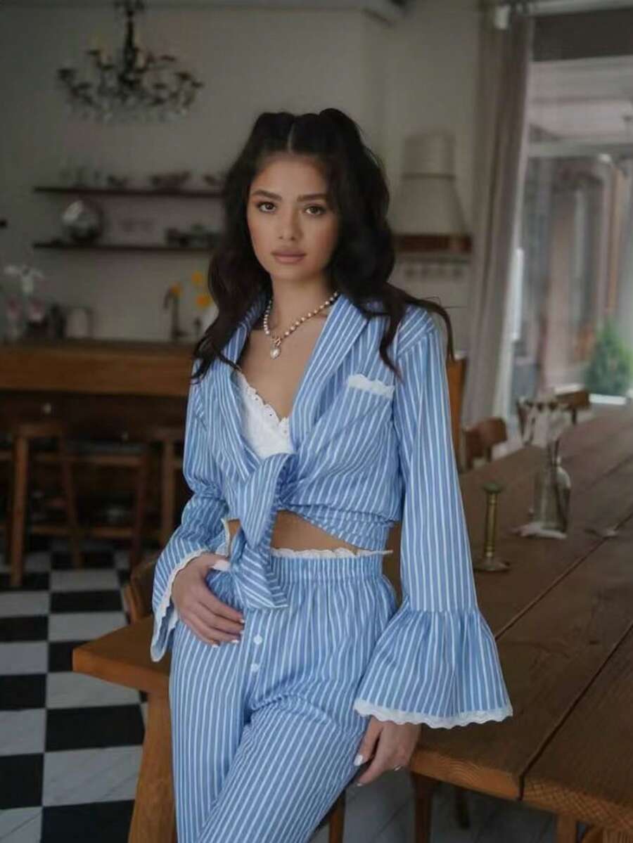 Women's Vintage Blue Striped Pajama Set, Lace Trim, Stand Collar And Ruffle Cuffs, Non-Stretch Fabric, 2 Pieces Loungewear - Blue and White - View 1