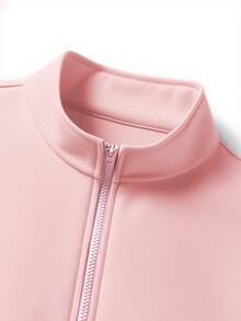 Half-Zip Collared Long Sleeve Solid Color Drop Shoulder Sweatshirt - Pink - View 3