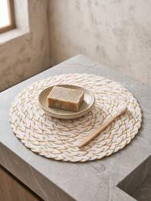1/2/4/6/12pcs Cream White With Gold Line Accents Placemats, Elegant Style, Linen Material, Round Wavy Edge And Gold Embroidery Detail, Stain-Resistant Tabletop Protection And Decorative Function, Suitable For Daily Breakfast And Exquisite Table Setting - White - View 8