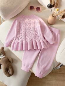 2pcs/Set Baby Girl Sweet 3D Cable & Diamond Pattern Round Neck Ruffle Long Sleeve Knit Sweater And Knit Pants, Elegant Casual Outfit For Daily Wear, School, Spring/Autumn/Winter - Mauve Purple - View 2