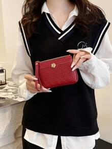 Women's Red Quilted Leather Wristlet Wallet Zip Around Card Holder Clutch Coin Purse With Gold Flower Charm - Red - View 3