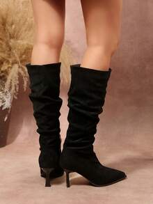 New Women's Fashion Elegant Pointed Toe High Heel Slouch Boots With Inner Zipper Knee-High Slimming Boots - Black - View 6