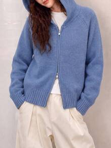 Women's Blue Hooded Knit Cardigan Jacket, Zipper Closure, Short Length Long Sleeve, Suitable For Autumn/Winter - Blue - View 1