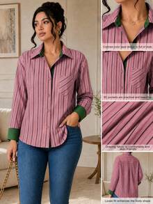 Classic Plus Size Pink Striped Long Sleeve Shirt, Fashionable Versatile Collared Button-Up Shirt With Contrast Cuffs And Pockets, Suitable For Daily Wear In All Seasons - Multicolor - View 6