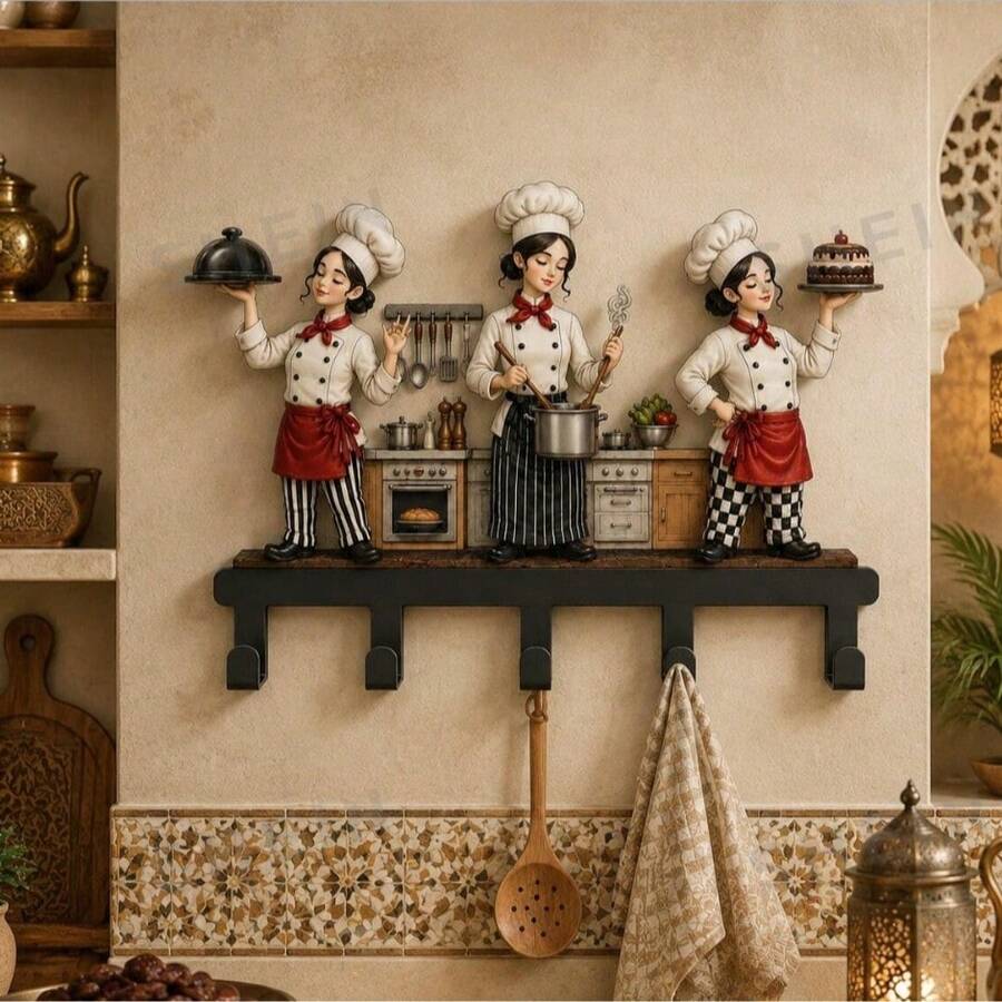 3 Female Chef Shaped Decorative Hooks, 5-Hook Storage Rack Suitable For Kitchen Home Restaurant - View 1