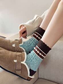 2/4 Pairs Women's New Daily Cute Vintage Japanese Style Daisy Floral 3D Geometric Striped Pattern Ruffle Mid-Calf Slouch Socks, Maillard Color - Multicolor - View 3