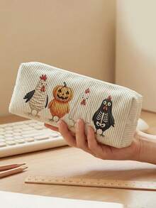 1pc Halloween Skull Jack-O'-Lantern Print Corduroy Pencil Case, Zipper Large Capacity Stationery Storage Pouch For Student School Daily Study - Multicolor - View 4