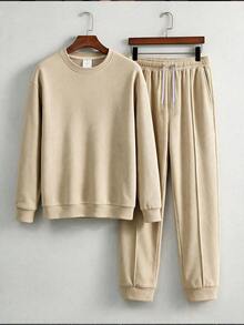 Men's Autumn/Winter Sports Sweatshirt & Sweatpants 2 Pieces Set, Casual Fashion Versatile Outfit - Khaki - View 12
