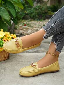 Women's Spring New Gold Chain Elegant Slip-On Loafers, Lightweight Comfortable Versatile Rubber Flat Shoes - Yellow - View 4