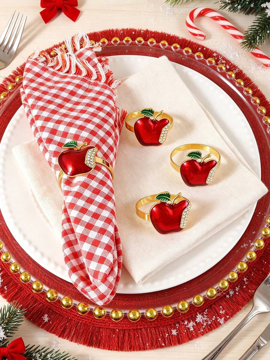 6/12pcs Christmas Apple Napkin Rings, Suitable For Christmas Restaurant Table Decor, Christmas Napkin Rings, Suitable For Christmas Table Decor Napkin Rings, Christmas Napkin Holders, Christmas Napkin Stands, Christmas Party Napkin Rings - Multicolor - View 1