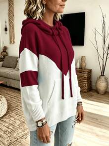 Plus Size Colorblock Drawstring Hooded Knit Sweatshirt, Long Sleeve Pullover Sweatshirt With Pockets, Casual Warm Top For Autumn, Winter And Spring - Red - View 6
