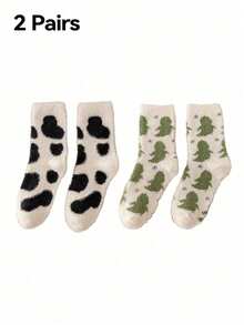 2 Pairs Cute Cow Pattern Plush Round Neck Fluffy Socks, Thick Warm Coral Fleece Socks, Soft And Comfortable, Suitable For Daily Wear, Holiday, Winter Home Warmth, Warm And Caring - Multicolor - View 18