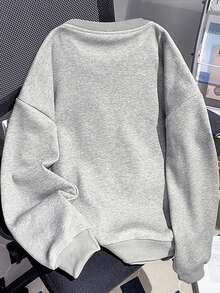 Niche Distressed Ink Splatter Handwritten Letter Crew Neck Sweatshirt, Oversized Streetwear Casual Autumn Long Sleeve - Light Grey - View 2