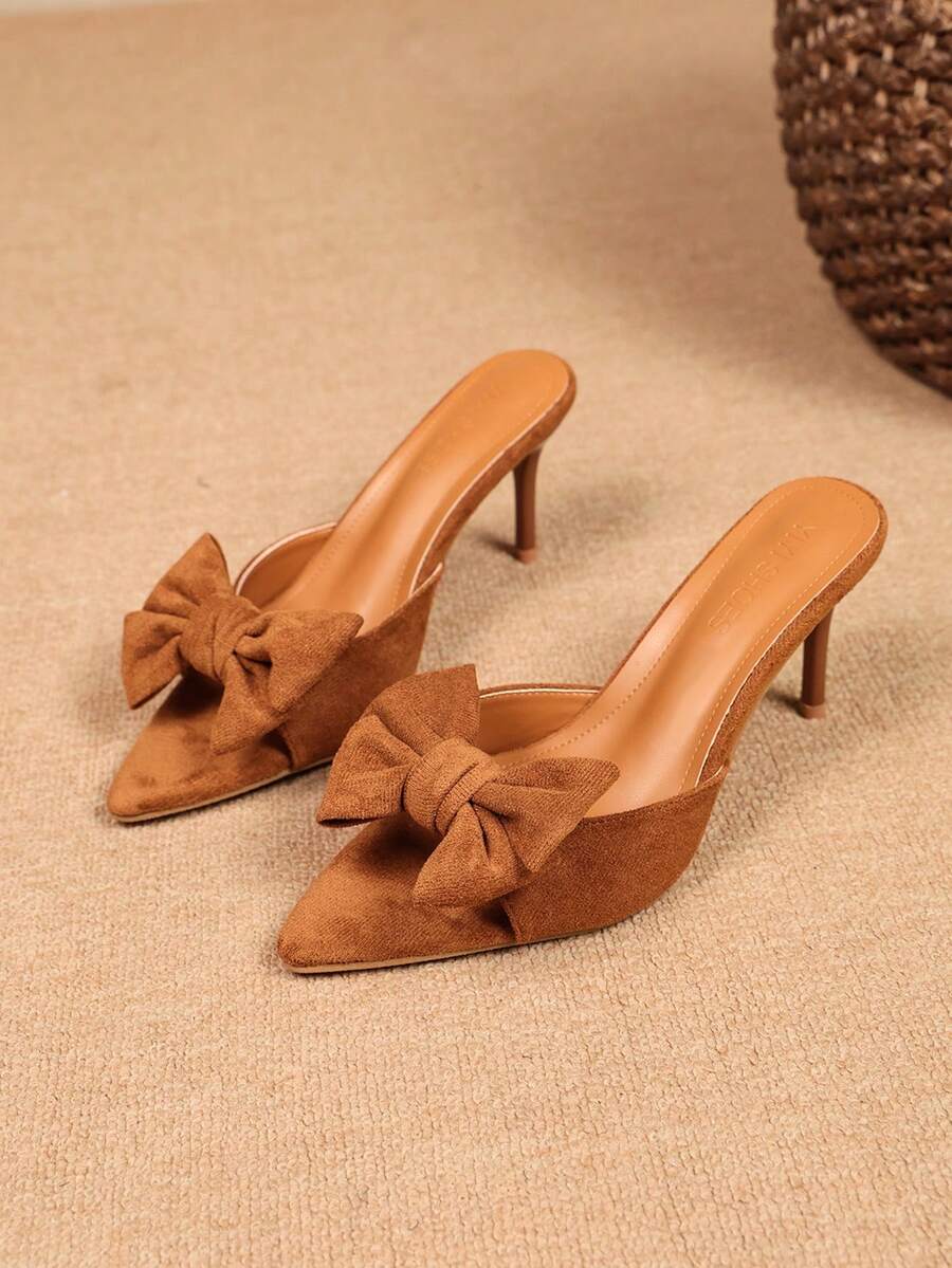 Women's Pointed Toe Stiletto High Heel Mule Sandals, Suede One-Strap Open Toe Open Back Slip-On Slippers, Solid Color Fashion Party Banquet Evening Dress Shoes, Summer - Brown - View 1