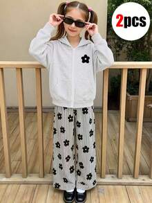 2pcs/Set Girls Hooded Zip-Up Sweatshirt With Floral Print, Paired With Casual Floral Striped Wide Leg Pants, Comfortable Autumn/Winter New Outfit - Light Grey - View 4