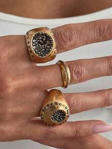 3pcs/Set Chunky Gold-Plated Seal Ring Set, Black Pave Crystal Personalized Stackable Rings, Vintage Textured Geometric Design Women's Daily Wear Jewelry - Gold - View 1