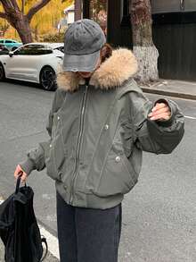 Women's Autumn/Winter Puffer Padded Coat With Large Fur Collar And Hood - Green - View 10