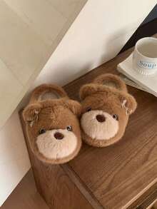 XIXITIAO Cute Big‑Eye Bear Fuzzy House Slippers, Warm Plush Couple Winter Cozy Indoor Home Slippers - Yellow-brown - View 3