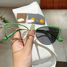 1pc Metal Cat Eye Dual-Tone Rhinestone Indoor/Outdoor Color-Changing Multifunctional Fashion Versatile Women's Glasses - Black/color Changing Film - View 18