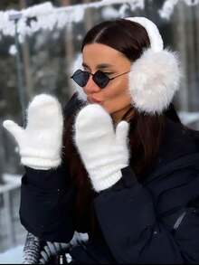 1pc Winter Ear Muffs & Gloves Set, Includes 1pc Women's Foldable Warm Ear Muffs And 1pc Plush Faux Fur Headband, Designed For Winter Use - Multicolor - View 7