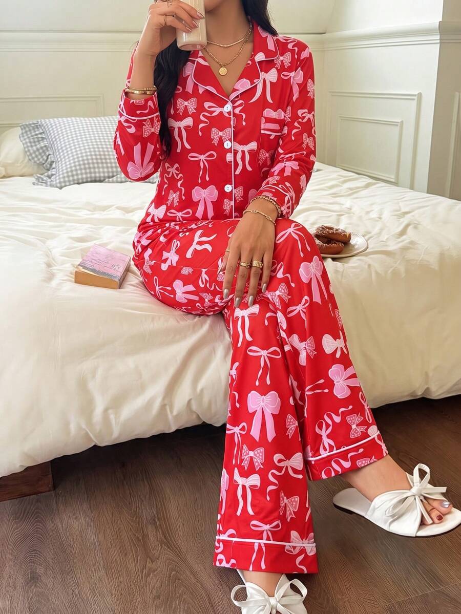 2pcs/Set Women's Pink Bow Print Long Sleeve Pajama Set, Lapel Cardigan ...