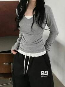 Button V-Neck Fitted Long Sleeve T-Shirt With Cinched Waist And Cold Shoulder Design, Versatile Top - Light Grey - View 6