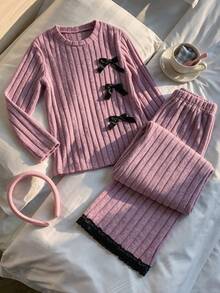 Autumn/Winter Sweet Bow Decor + Lace Pink Long Sleeve Long Pants Pajama Set, Comfortable Casual Fabric, Suitable For Home Sleep - Pink - View 3