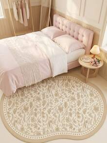1PC Beige Khaki Botanical Floral Line Pattern French Country Vintage Rug, Fresh Elegant Style Faux Cashmere Asymmetrical Wavy Oval Shape Full Coverage Floral Vine & Diamond Wave Border Details Machine Washable Area Carpet, Suitable For Living Room Bedroom Balcony, All Season Home Decor - Multicolor - View 2
