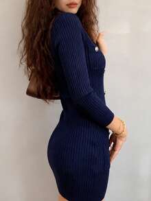 Women's New Autumn/Winter Elegant Celebrity Style Unique Button Slimming Dress - Navy Blue - View 2