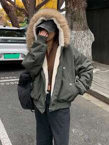 Women's Autumn/Winter Puffer Padded Coat With Large Fur Collar And Hood - Green - View 5