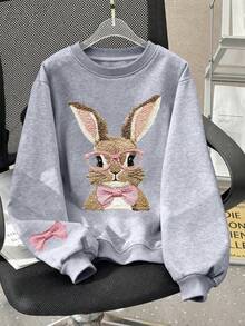 Tween Girl Casual Fun Print Crew Neck Long Sleeve Sweatshirt, Autumn/Winter Top - Grey - View 3