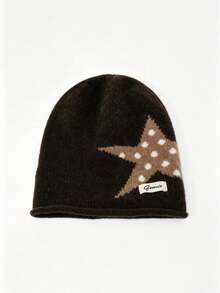 1pc Women's Autumn/Winter New Knit Beanie Hat, Large Head Circumference, Face-Slimming, Warm, Black Slouchy Hat With Five-Point Star Design - Multicolor - View 5