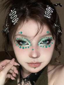 1pc Teal Acrylic Face Gem Sticker, Shiny Round Rhinestones, Stage Y2K Makeup Decor Sticker For Face, Body & Nail Art - Green - View 6