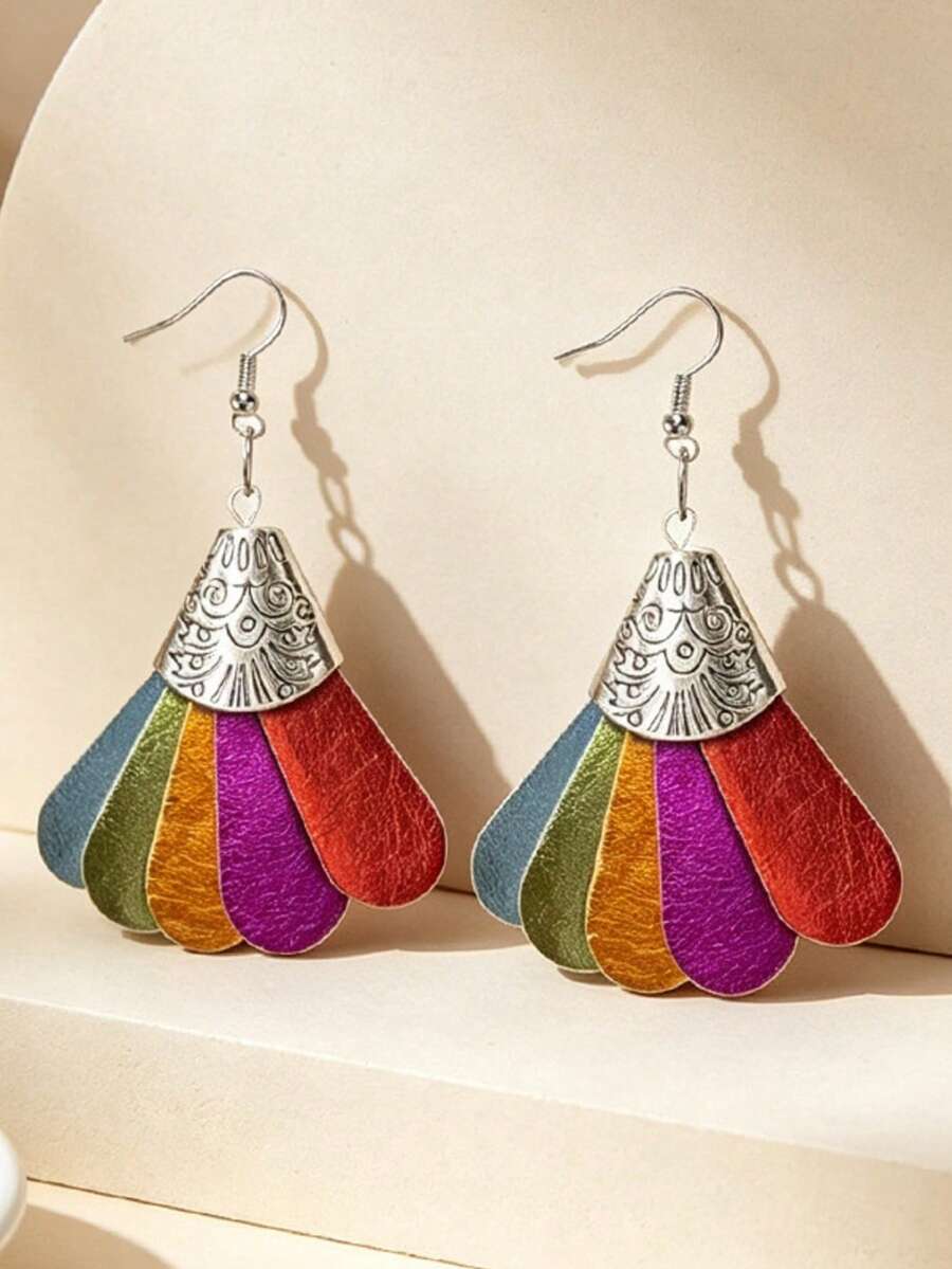 1 Pair Vintage Rainbow Fan-Shaped Leather Earrings For Women ...